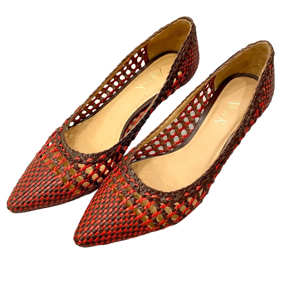 Allan K Handmade Red and Brown Leather Woven Kitten Heels